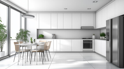 Fototapeta premium Modern White Kitchen with Dining Area. Concept of Minimalist Design, Clean Lines, and Modern Living.