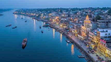 Naklejka premium Evening riverfront celebration varanasi night photography urban environment aerial view cultural vibe