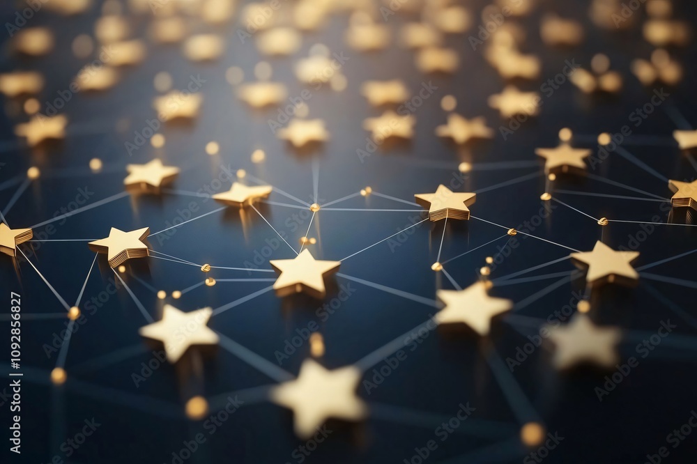 Poster golden stars are connecting with lines and glowing spheres, creating a network on a dark background