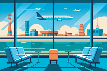 Fototapeta premium In a modern airport terminal, an empty waiting area with seats, suitcase, and view of planes taking off, indicating a calm moment in airport operations.