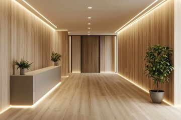 Fototapeta premium シンプルなデザインの廊下に木材と照明が調和した空間