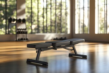 Black adjustable weight bench standing on hardwood floor in gym with sunlight shining through large windows