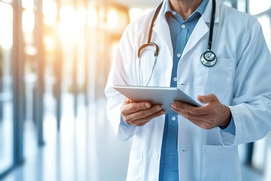 A healthcare professional in a white coat uses a tablet in a sunlit hospital hallway, emphasizing technology's role in modern medical practice and patient care.