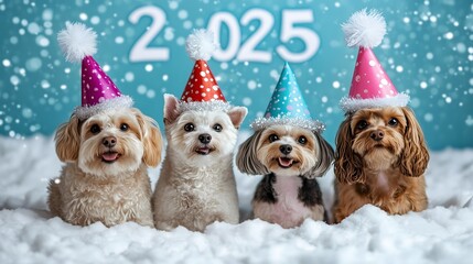 Cute dogs and cats celeberate 2025 Happy New Year ,Animal Party ,wear party hats, with "2025" written in a playful by fun font.