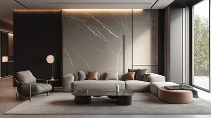 Modern minimalist living room interior design. Concept of luxury, comfort, and elegance.
