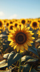Obraz premium A photo of a field of mature sunflowers with a photorealistic style. The sunflowers are in full bloom, with their yellow petals radiating 