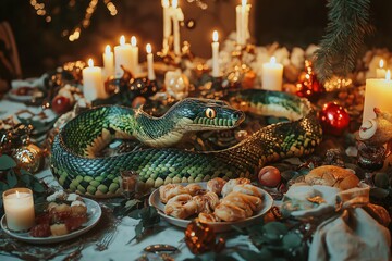 Obraz premium Green snake is slithering over a table decorated for Christmas dinner, surrounded by candles, pastries, and ornaments