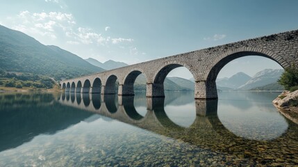 a stone bridge with arches spanning over a clear reflective lake