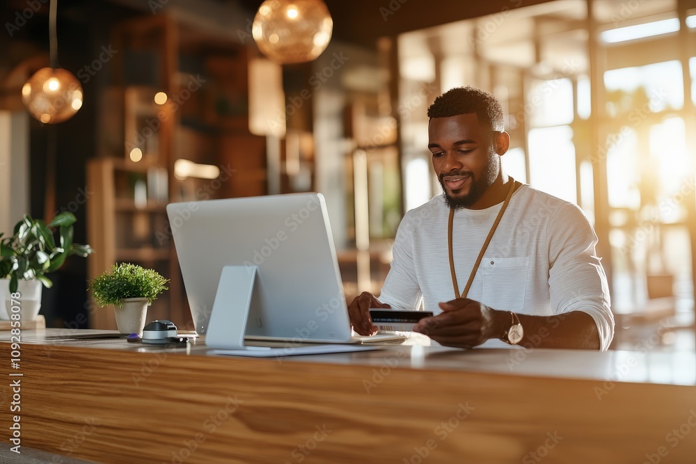 Poster a man, casually dressed, interacts with a smartphone while seated at a desk with a computer, emphasi