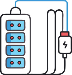 Power strip with charging cable illustration, Colorful illustration of a power strip with multiple sockets, connected to a cable featuring a lightning bolt for energy and charging.
