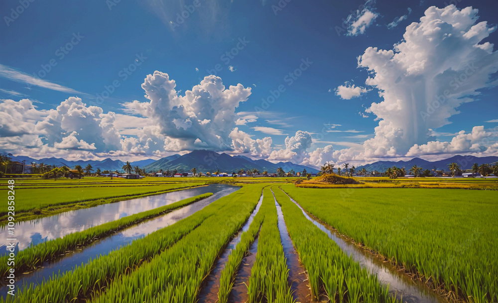 Poster field of rice with a river running through it. the sky is cloudy and the sun is shining