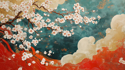 Cherry Blossom Branches Against a Vibrant Asian Inspired Background. Concept of Spring, Beauty, and Tranquility.