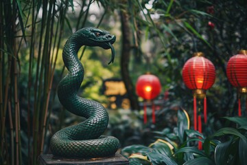 Fototapeta premium Green snake statue standing in a lush garden with red lanterns in the background, conveying a sense of mystery and oriental charm
