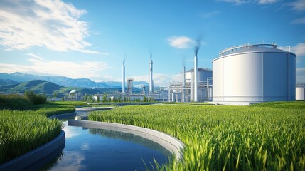 Bioenergy Production Industry Concept, Sustainable Bioenergy Production Site Focused on Circular Economy Practices with Advanced Technology and Natural Landscape Integration