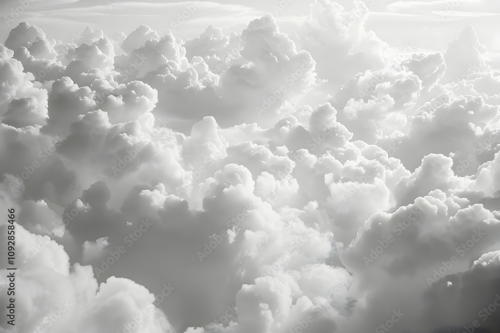 Poster white clouds in the sky, soft and delicate, with a white background. the clouds have various shapes,