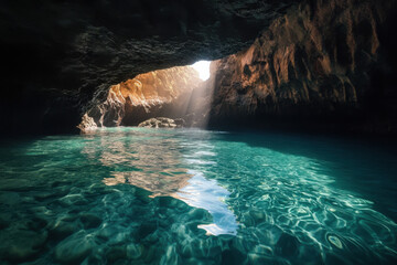 Sunlight streams into a serene turquoise sea cave, illuminating the crystal clear water and rugged rocky walls, creating a tranquil and magical atmosphere.