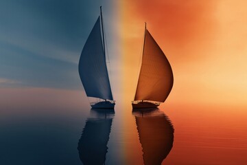 Fototapeta premium Two sailboats are sailing on the ocean at sunset, creating a mirror image of themselves on the water