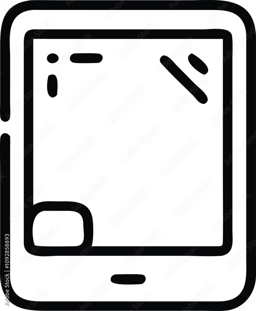Poster minimalist tablet icon in black outline, simple black outline illustration of a tablet or smartphone