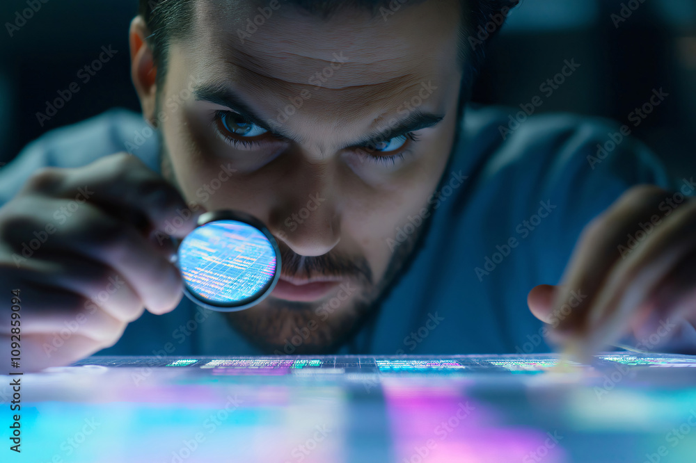 Poster scientist in a lab is using a magnifying glass to analyze a microchip, illuminated with blue light