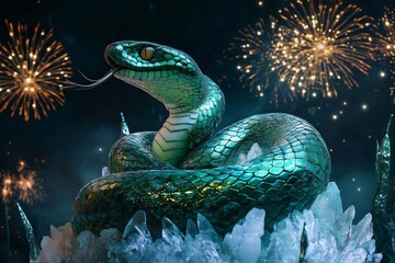 Fototapeta premium Majestic green snake is resting on a throne of ice crystals as fireworks explode in the background