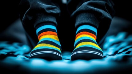Colorful striped socks indoor setting fashion photography cozy environment close-up view stylish concept