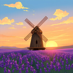 A rustic windmill in a field of lavender during sunset illustration. Generative AI