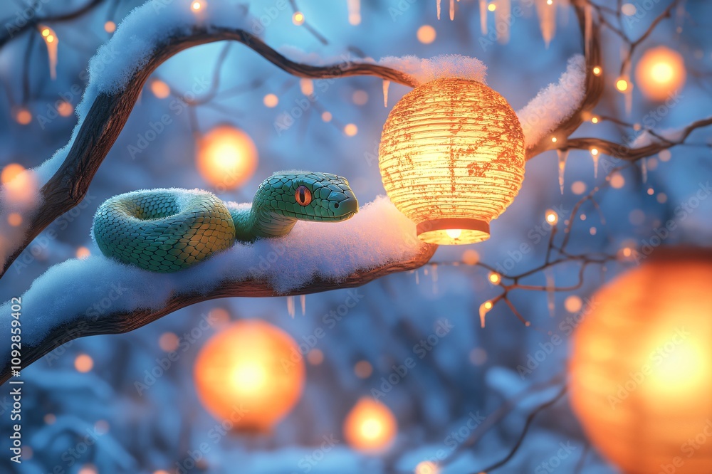 Poster green snake is resting on a snowy branch with paper lanterns hanging around it at night, creating a 