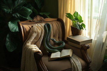 Green snake is resting on a vintage armchair with open books, enjoying the sunlight from a nearby window
