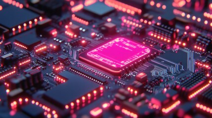 Fototapeta premium A close-up view of a circuit board with glowing components, showcasing technology and design.