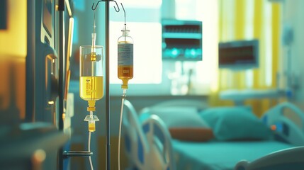 Intravenous drip in a hospital room with sunlight streaming in.