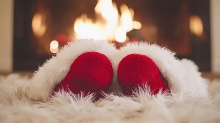 Cozy holiday vibes with santa slippers by the fireplace warm home atmosphere festive living room joyful concept