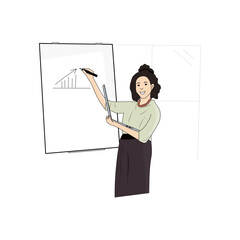 Smiling female speaker giving a presentation with a laptop in hand. Office worker presenting a report on a whiteboard. Vector illustration.