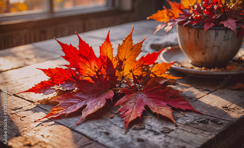 Aufkleber leaf is laying on a table. there is a cup and a plate on the table. the leaf is red and has a yellow