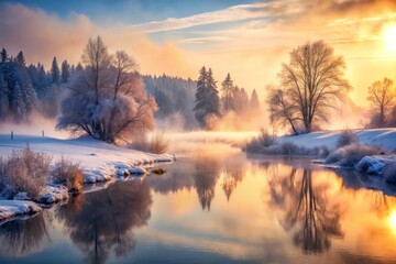 Fototapeta premium Serene Early Morning Landscape with Foggy Winter River in High Depth of Field, Capturing the Tranquility of Nature's Beauty in a Generative AI Design