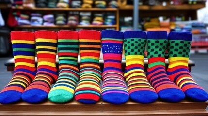 Colorful sock display local market fashion accessories urban environment eye-level view vibrant textiles for fun style