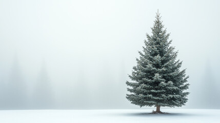 Green Christmas tree on white background, banner with copy space