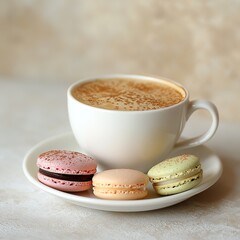 Cappuccino with macarons on a white saucer.