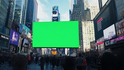 Times Square Green Screen Billboard: A bustling Times Square backdrop with a large green screen billboard, perfect for inserting your own message or visuals.  