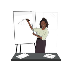 African American female speaker giving a presentation with a laptop in hand. Office worker presenting a report on a whiteboard.