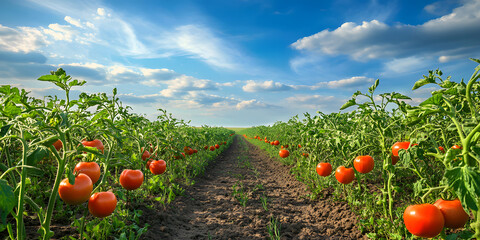 tomato field on summer day blue sky and clouds