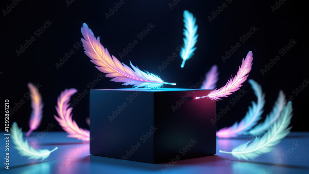 Poster a vibrant, futuristic scene featuring a cube and feathers with an ai theme.