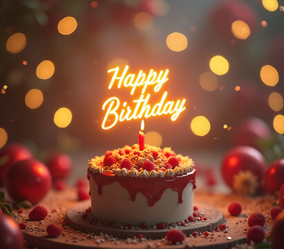 birthday cake with candles and Happy Birthday lighting text with balloons and decorations, happy birthday congratulations card