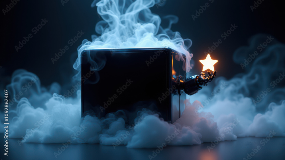 Poster a 3d rendered scene featuring an ai black box with smoke emanating from it and a star on top.