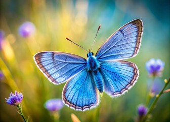Naklejka premium Stunning Close-Up Portrait of a Beautiful Blue Butterfly in Flight, Showcasing Its Graceful Wings Against a Soft Background with Ample Copy Space for Text Overlay