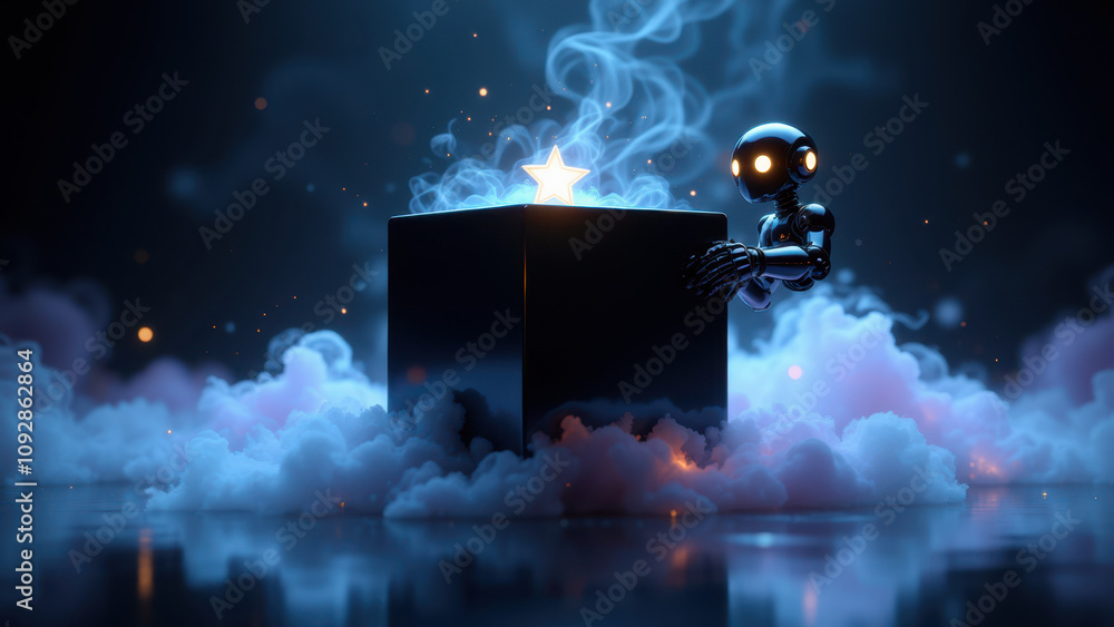 Poster a robot ai emerges from a glowing cube.