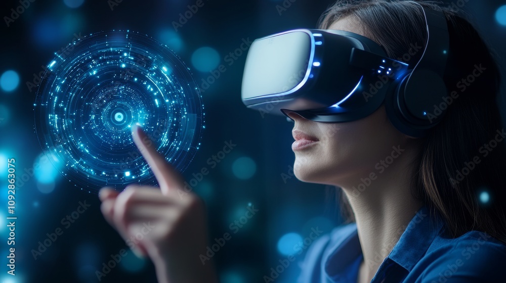Poster immersive virtual reality experience with woman engaging in digital environment while wearing headse