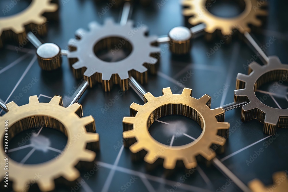 Poster network of interconnected metallic gears is lying on a dark surface, representing the concept of bus