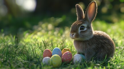 Cute Easter bunny with colorful eggs in the grass