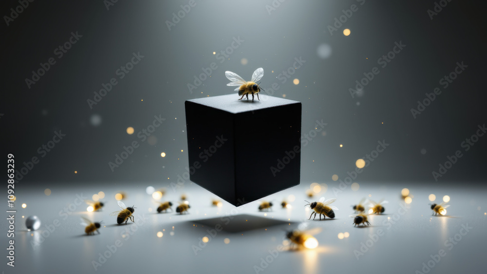 Poster a stylized artistic representation with a black ai cube at its center, surrounded by swarming bees a