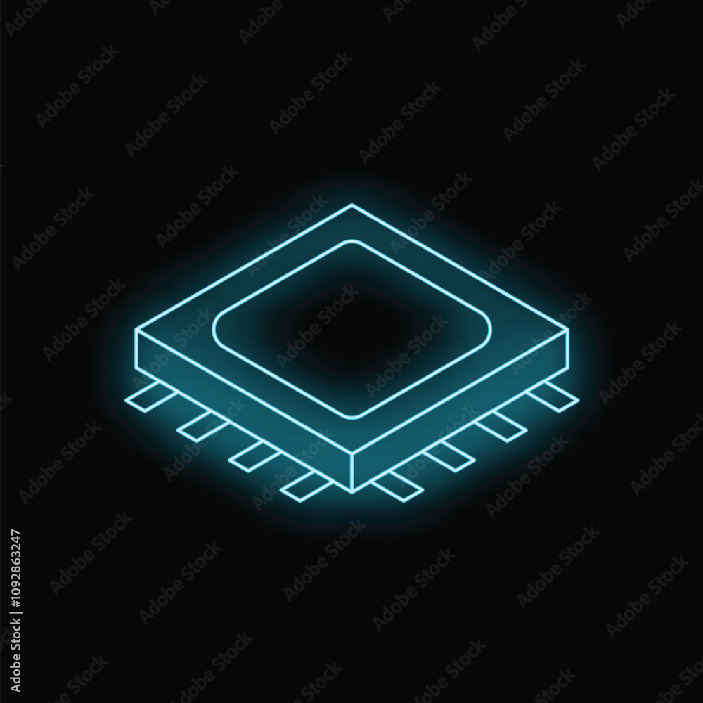 Poster neon blue microchip glowing on a dark background, perfect for technology and computing concepts